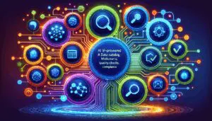 Illustration eines KI-gestützten Datenkatalogs mit vernetzten Datenpunkten, Qualitätsprüfungs- und Compliance-Symbolen sowie einer hervorgehobenen Suchfunktion in freundlichen, hellen Farben.