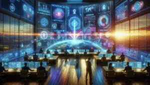 Futuristisches Cybersicherheits-Kontrollzentrum mit KI-gestützten Verteidigungssystemen, dargestellt in freundlichen, lebendigen Farben. Zeigt Teamarbeit und fortschrittliche Technologie zur Bekämpfung von KI-basierten Bedrohungen.