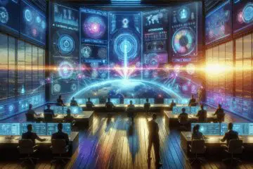 Futuristisches Cybersicherheits-Kontrollzentrum mit KI-gestützten Verteidigungssystemen, dargestellt in freundlichen, lebendigen Farben. Zeigt Teamarbeit und fortschrittliche Technologie zur Bekämpfung von KI-basierten Bedrohungen.