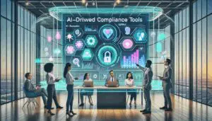 Futuristische Darstellung eines Büros mit KI-gestützten Compliance-Tools auf einem holografischen Display, das von einer diversen Gruppe von Fachleuten bedient wird.