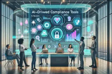 Futuristische Darstellung eines Büros mit KI-gestützten Compliance-Tools auf einem holografischen Display, das von einer diversen Gruppe von Fachleuten bedient wird.