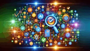 Farbenfrohe Darstellung von KI-gestützter Datenqualitätsverbesserung mit vernetzten Datenpunkten, AI-Algorithmen als leuchtende Knoten und Symbolen für Datenvalidierung und -korrektur