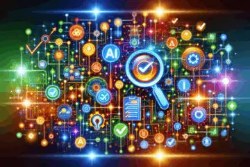 Farbenfrohe Darstellung von KI-gestützter Datenqualitätsverbesserung mit vernetzten Datenpunkten, AI-Algorithmen als leuchtende Knoten und Symbolen für Datenvalidierung und -korrektur