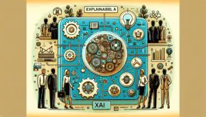 Illustration of Explainable AI (XAI) concept showing transparent AI systems, diverse business people, and visual elements representing trust, compliance, and competitive advantage in warm, friendly colors.