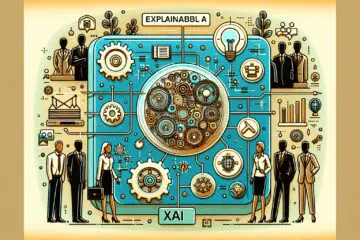 Illustration of Explainable AI (XAI) concept showing transparent AI systems, diverse business people, and visual elements representing trust, compliance, and competitive advantage in warm, friendly colors.