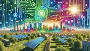 Illustration einer energieeffizienten KI-Infrastruktur mit grünen Technologien und einer nachhaltigen Stadtlandschaft im Hintergrund