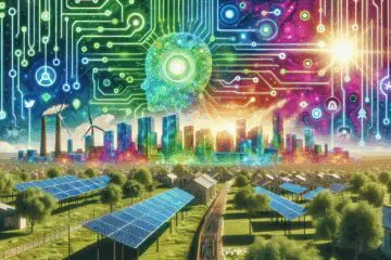 Illustration einer energieeffizienten KI-Infrastruktur mit grünen Technologien und einer nachhaltigen Stadtlandschaft im Hintergrund