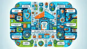 Freundliche, farbenfrohe Darstellung einer Zero Trust Architektur für KI-Systeme mit Hervorhebung von Schlüsselkonzepten wie Verschlüsselung, Zugriffskontrollen und Datenschutz.