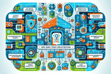 Freundliche, farbenfrohe Darstellung einer Zero Trust Architektur für KI-Systeme mit Hervorhebung von Schlüsselkonzepten wie Verschlüsselung, Zugriffskontrollen und Datenschutz.