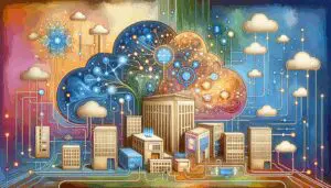 Illustration einer KI-integrierten Hybrid-Cloud-Architektur mit Unternehmensgebäude, On-Premises-Servern und Cloud-Infrastruktur, verbunden durch leuchtende neuronale Netzwerke und Datenströme.