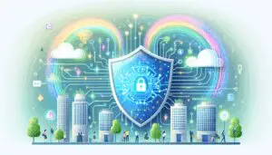 Freundliche Illustration eines KI-gesteuerten Datenschutzschildes, das Unternehmensgebäude vor Datenverletzungen schützt, dargestellt in hellen, positiven Farben.