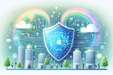 Freundliche Illustration eines KI-gesteuerten Datenschutzschildes, das Unternehmensgebäude vor Datenverletzungen schützt, dargestellt in hellen, positiven Farben.