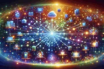 Illustration des Federated Learning Konzepts mit vernetzten Geräten, die Daten sicher an ein zentrales KI-Modell senden, umgeben von Datenschutzsymbolen.