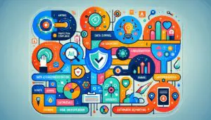 Infografik zur KI-gestützten Datenschutz-Compliance mit bunten Icons für Datenklassifizierung, Risikoerkennung und automatisierte Berichterstattung, die die Effizienz und Sicherheit der DSGVO-konformen Datenverarbeitung visualisiert.