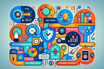 Infografik zur KI-gestützten Datenschutz-Compliance mit bunten Icons für Datenklassifizierung, Risikoerkennung und automatisierte Berichterstattung, die die Effizienz und Sicherheit der DSGVO-konformen Datenverarbeitung visualisiert.