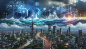 Futuristische Stadtlandschaft mit KI-Agenten, die Systeme steuern und auf Ereignisse reagieren, während ein intelligentes Telekommunikationsnetz einen nahenden Sturm vorhersagt und abwehrt.