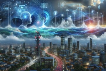 Futuristische Stadtlandschaft mit KI-Agenten, die Systeme steuern und auf Ereignisse reagieren, während ein intelligentes Telekommunikationsnetz einen nahenden Sturm vorhersagt und abwehrt.