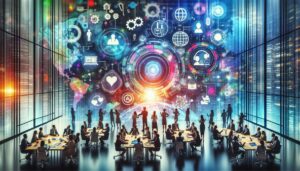 Illustration einer diversen Gruppe von Mitarbeitern, die an einer digitalen Transformation arbeiten, umgeben von Technologie-Symbolen und futuristischen Schnittstellen in einem hellen, farbenfrohen Bürosetting.