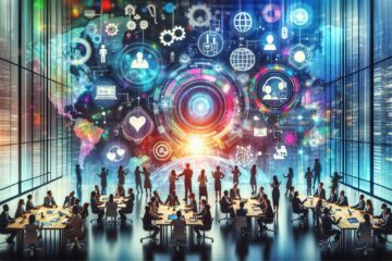 Illustration einer diversen Gruppe von Mitarbeitern, die an einer digitalen Transformation arbeiten, umgeben von Technologie-Symbolen und futuristischen Schnittstellen in einem hellen, farbenfrohen Bürosetting.