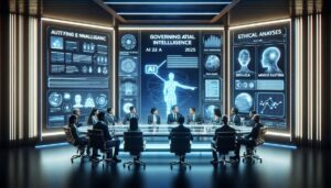 Futuristische Darstellung eines Konferenzraums, in dem Führungskräfte KI-Governance und ethische Richtlinien im Kontext des EU AI Act 2025 diskutieren.