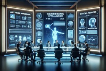 Futuristische Darstellung eines Konferenzraums, in dem Führungskräfte KI-Governance und ethische Richtlinien im Kontext des EU AI Act 2025 diskutieren.