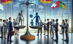 Illustrative Darstellung der ethischen KI-Implementierung im DACH-Raum, die eine Balance zwischen Technologie und Ethik zeigt, mit Geschäftsleuten, die an transparenten KI-Systemen arbeiten.