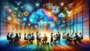 Farbenfrohe Illustration eines modernen Büros mit KI, Cloud Computing und Big Data Elementen, die die digitale Transformation in der Geschäftswelt darstellen.