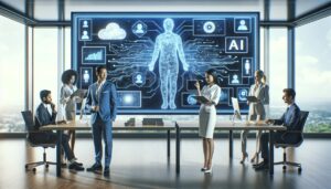 Futuristische Büroumgebung mit KI-Agenten und Cloud-Technologien, die Unternehmen bei der digitalen Transformation unterstützen