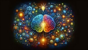 Farbenfrohe Illustration eines KI-Gehirns, das durch Retrieval-Augmented Generation mit verschiedenen Datenquellen verbunden ist, symbolisiert durch leuchtende Verbindungen und innovative Elemente.