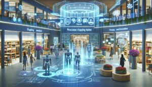 Futuristischer Einzelhandel mit KI-gestützten Technologien, Roboter-Assistenten und personalisierten Kundenerlebnissen in einem hellen, einladenden Geschäftsumfeld