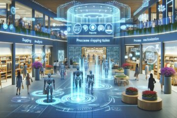 Futuristischer Einzelhandel mit KI-gestützten Technologien, Roboter-Assistenten und personalisierten Kundenerlebnissen in einem hellen, einladenden Geschäftsumfeld