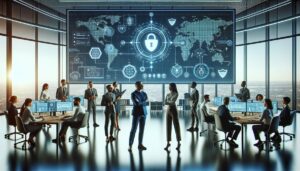 Ein CIO und sein IT-Team arbeiten gemeinsam an einer interaktiven Bildschirmanzeige, die Cybersicherheitsanalysen zeigt, in einem hellen, modernen Büroumfeld.